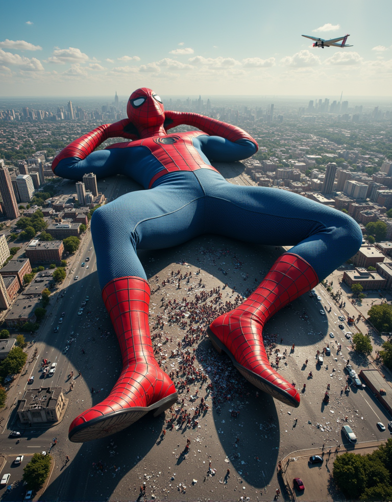 giant spiderman 24 years old, best quality, 8k uhd, full color rgb, detailed body, realistic photography, straight on view, soft lighting, 1boy, solo, full body depicted, reclining onto back, forearms behind head, legs spread apart, casting shadow onto ground, depicted as a giant, facing viewer, smirk, naked, flaccid penis outdoor, sunny, a few clouds, extremely miniscule detailed city landscapes covering the entirety of the ground beneath subject's body, miniscule cities mixed with debris crumbling beneath subject's body, small smoke clouds rising from crumbling buildings, clouds smaller than gnat surrounding body, gnat sized plane flying past subject