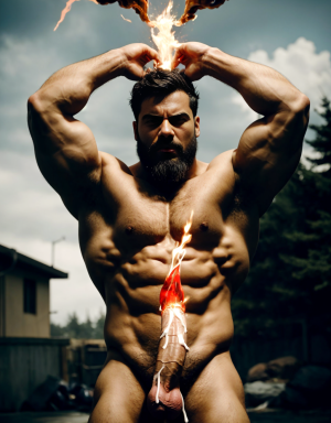 Cneo Pompeyo Magno desnudo con pene grande y testículos grandes peludos. Dobla el brazo derecho para enseñar los bíceps del brazo derecho con gran orgullo. Tiene mucho vello por todo el cuerpo. Está bronceado. Tiene corona de oro. Tiene alas de diablo negras y rojas oscuro. Los brazos están hacia arriba implorando rayos y fuego. Tiene un chorro de fuego en el pene erecto que sale a chorros rojos hacia arriba de su pene erecto tieso hacia arriba. Sus ojos son grandes y rojos. Está alumbrado con mucha luz blanca y roja por todo el cuerpo. Está rodeado de llamas y humo. Tiene cara fuerte con aspecto de malvado y con barba muy grande. Tiene pies.