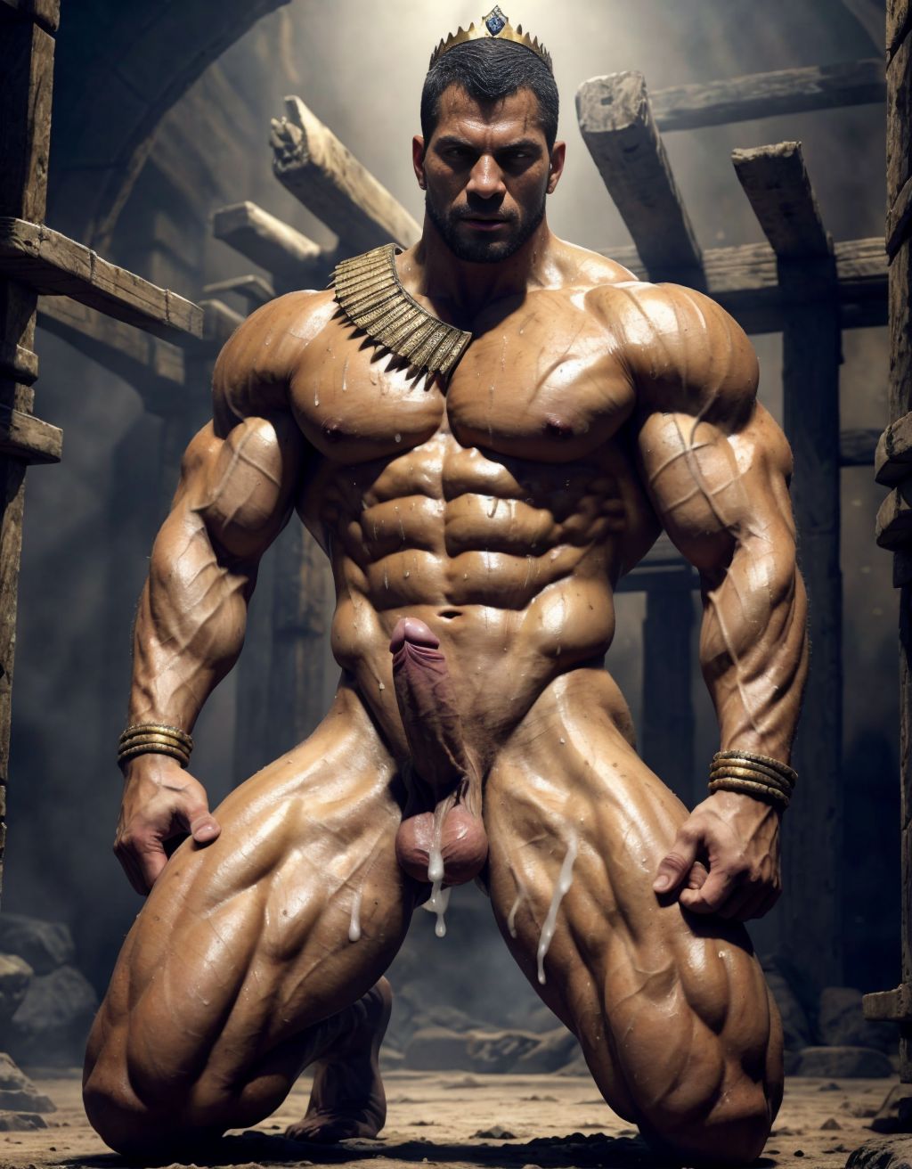 Ramsés 2 desnudo, corona de oro, testículos prominentes, pene erguido, musculoso, sudoroso, rodeado de soldados desnudos, piel bronceada, musculosa. Tres guerreros musculosos flanquean, esclavo arrodillado carne fuerte y sudorosa, armas y escudos al fondo, ambiente intenso y primitivo, iluminación dramática, sombras profundas, texturas realistas.