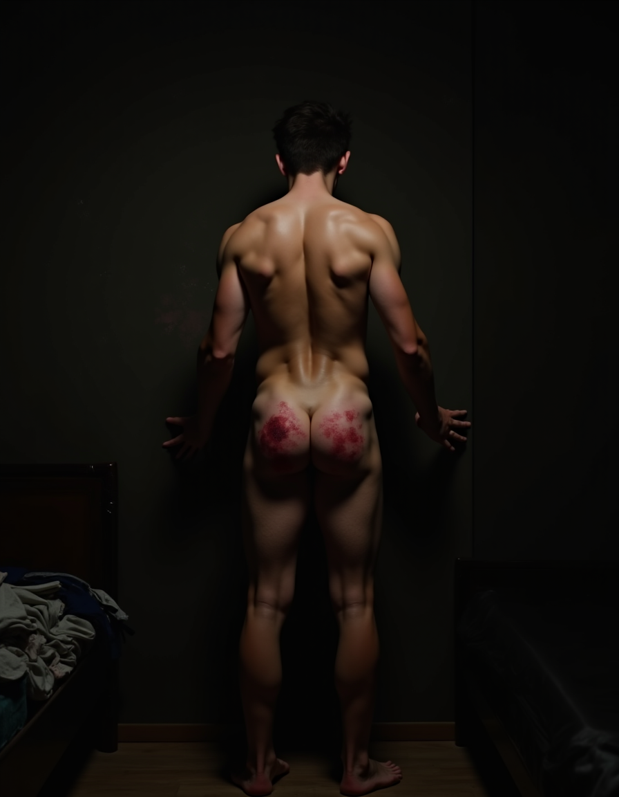 un joven desnudo de 18 años con el trasero enrojecido y marcado por palmadas, de pie con las manos en la pared y las piernas ligeramente separadas, con una expresión de sumisión y arrepentimiento en su rostro, su cuerpo atlético y tonificado muestra marcas rojas y moradas en las nalgas, el pene flácido y los testículos colgando, el escenario es un dormitorio oscuro y sombrío con una cama deshecha y ropa tirada en el suelo, la iluminación es tenue y dramática, con sombras que resaltan la figura del joven, estilo hiperrealista con detalles de alta calidad.