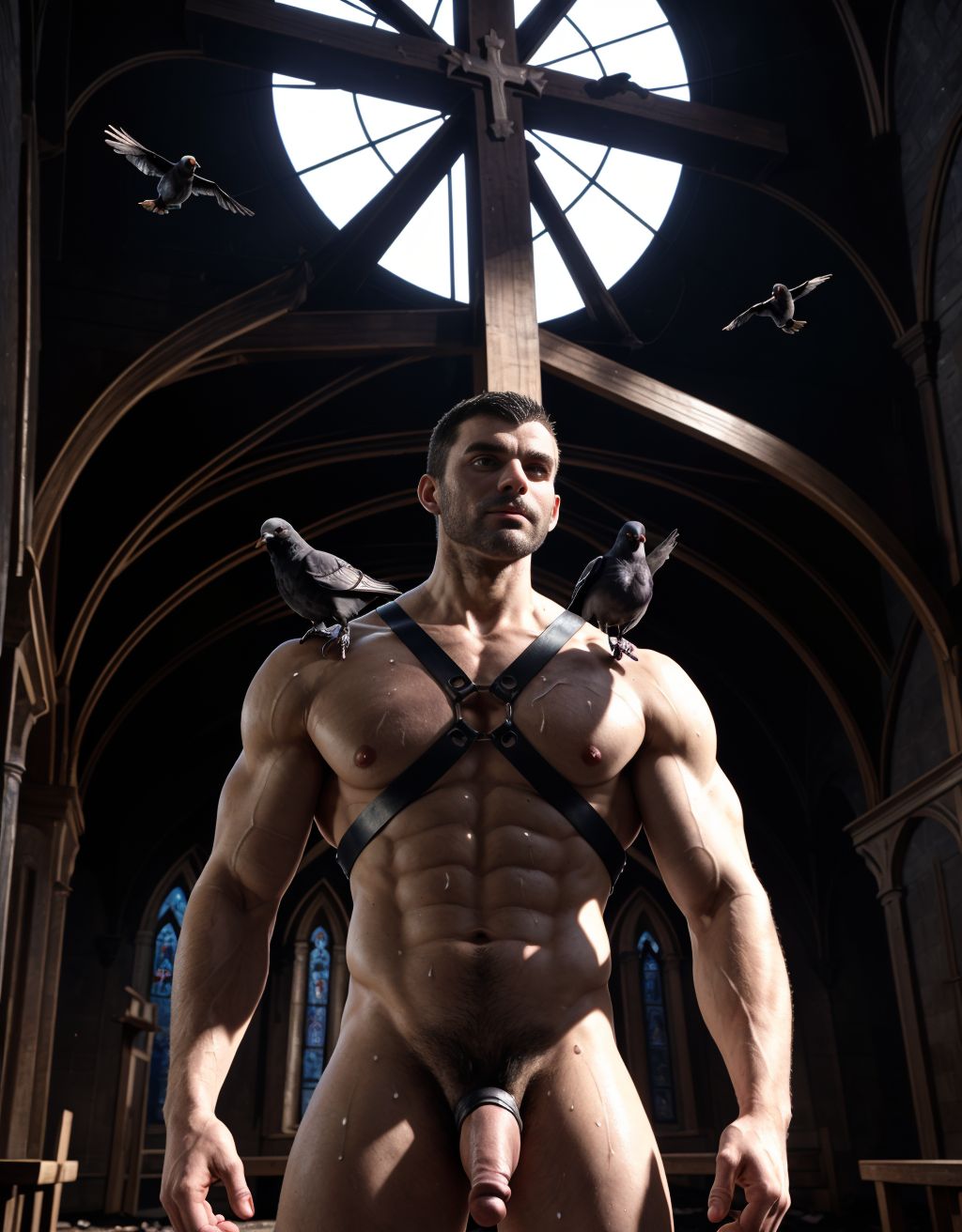 Hombre musculoso, desnudo, con arnés de cuero, atado a una cruz de madera gigante en una iglesia abandonada, cuervos y palomas revolotean, luz tenue, sombras oscuras, ambiente misterioso, anatomía detallada, piel sudorosa, arnés ajustado, mirada intensa, cuervos posados en sus hombros, palomas volando alrededor.