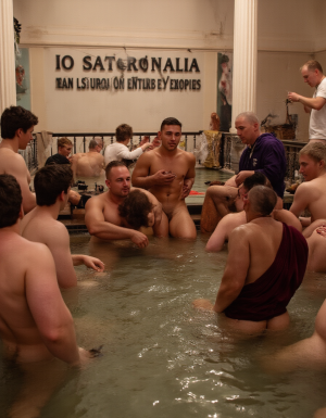 Una orgía romana de hombres (FOLLANDO) algunos desnudos otros con la toga, en un escenario clásico de unas termas romanas con un letrero grande en el que se lee 