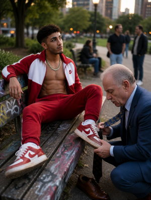 Un joven con chándal rojo y blanco de Nike, chaqueta abierta sobre el torso desnudo y una cadena dorada al cuello, está sentado de forma relajada en un banco de madera con grafitis en un parque urbano al atardecer. Lleva zapatillas rojas y blancas, calcetines blancos y apoya una pierna extendida mientras mira hacia un lado con expresión seria y distante. A su lado, un hombre mayor calvo vestido con traje azul y corbata se arrodilla concentrado, sujetando una de sus zapatillas como si estuviera ajustando los cordones o limpiándola; un zapato marrón de vestir queda en el suelo junto al banco. Al fondo aparecen árboles, farolas encendidas, edificios de ciudad y varias personas caminando o conversando, creando una escena callejera con contraste entre ropa deportiva, formalidad y ambiente de parque.