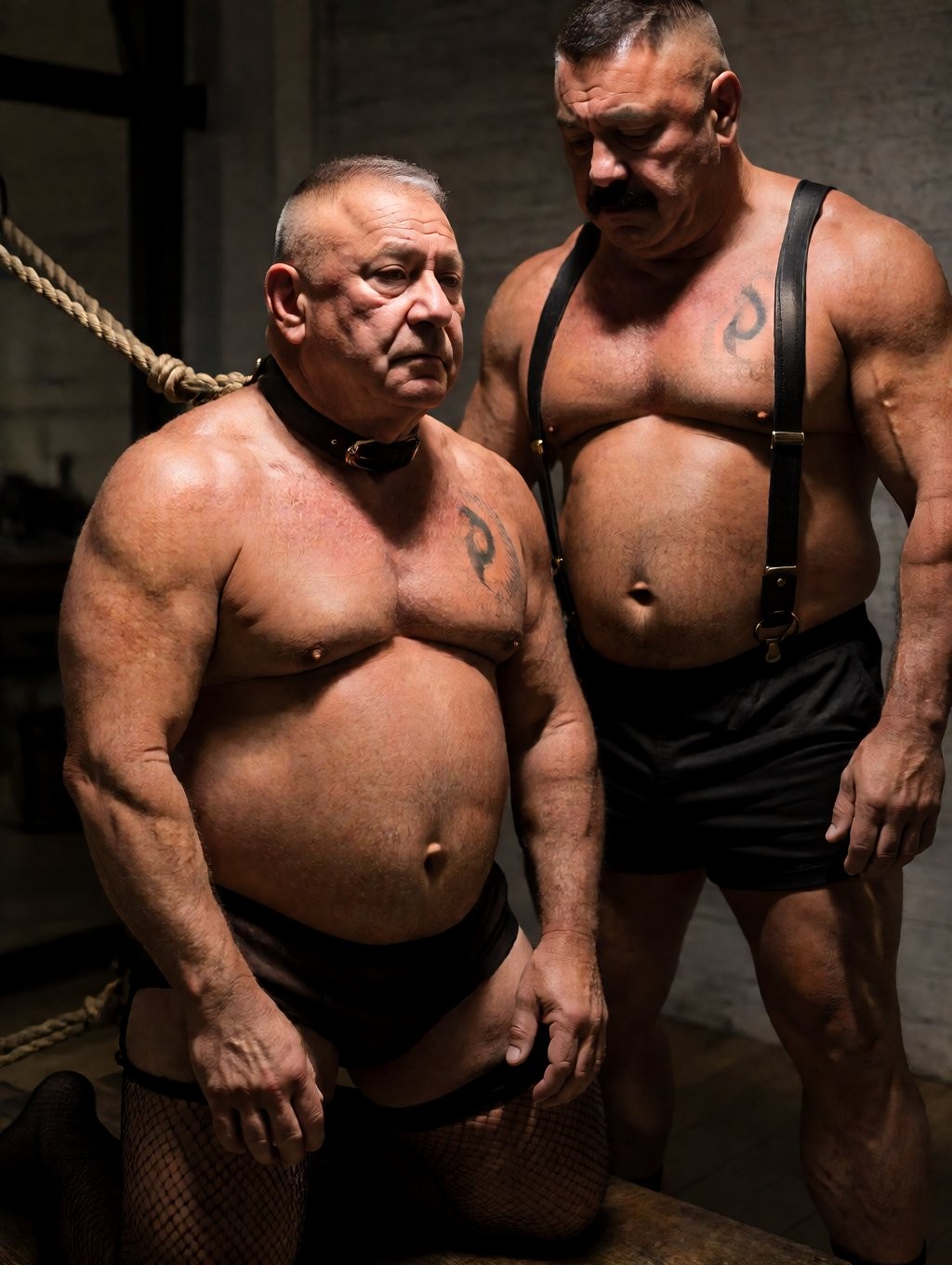 Dos hombres corpulentos y mayores posan en un ambiente oscuro de estética industrial, con iluminación dramática que resalta sus torsos desnudos, vientres prominentes y brazos musculosos. El hombre del primer plano está arrodillado, lleva un collar negro al cuello, ropa interior negra y medias de rejilla, con una expresión seria y distante; en su pecho se aprecia un tatuaje oscuro. Detrás de él, otro hombre más alto permanece de pie, también con el torso descubierto, vestido con un pantalón corto negro y tirantes de cuero que cruzan sus hombros, mostrando otro tatuaje en el pecho. La escena transmite una atmósfera fetichista, ruda y teatral, con cuerdas gruesas al fondo, sombras marcadas y un contexto visual asociado al BDSM, la dominación y la masculinidad madura.