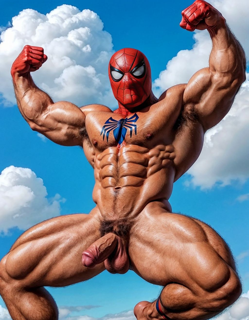 Spiderman velludo musculoso totalmente desnudo volando sobre una nube en el cielo azul. Tiene el pene grande. Tiene los testículos grandes y peludos. Volando. Está feliz. Tiene la piel limpia y húmeda. Tiene ojos verdes y dientes blancos.