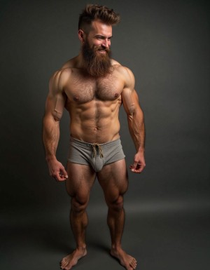 Hombre culturista muy velludo desnudo con pene de 30 cm de largo y 5 cm de grueso