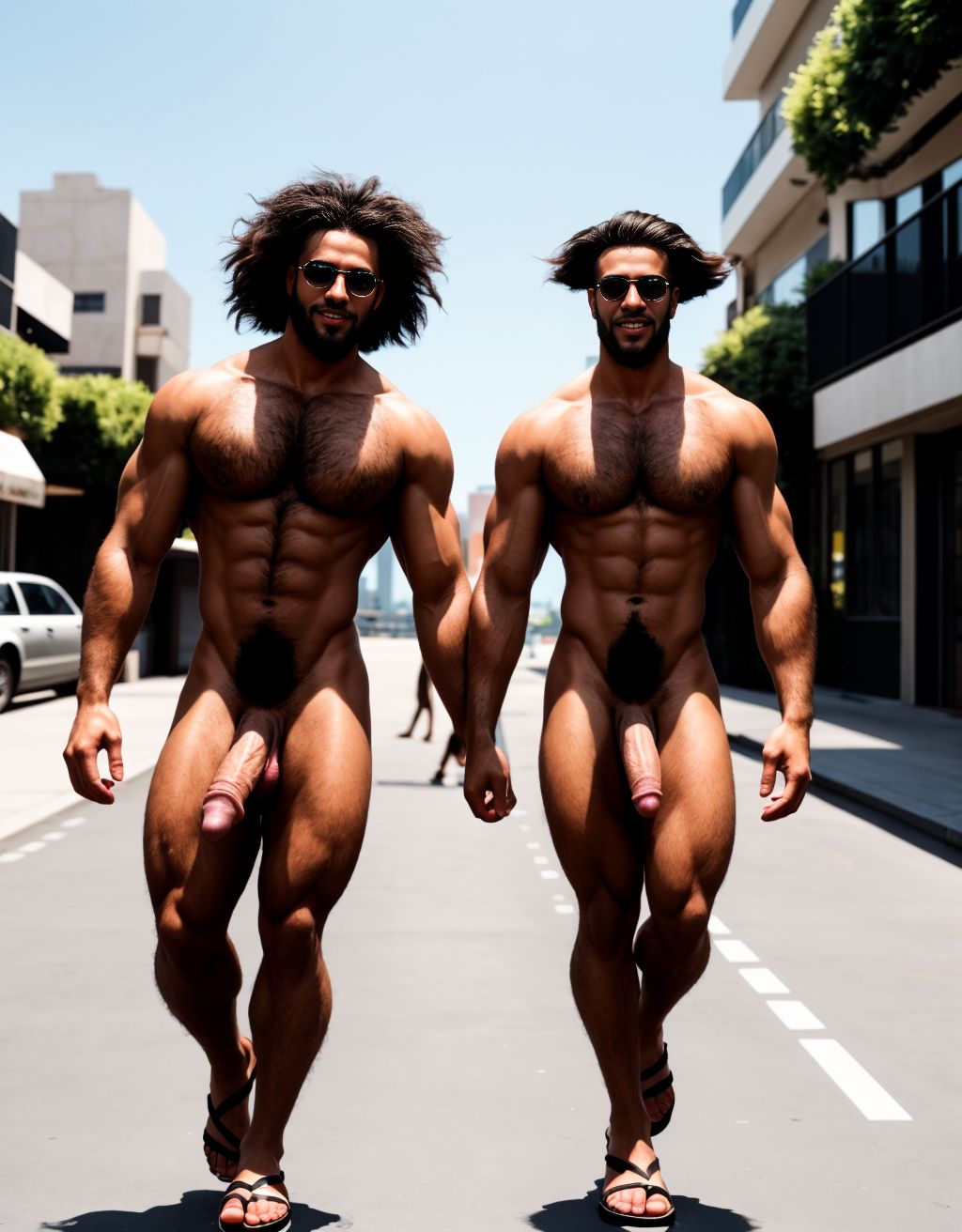 Dos hombres jóvenes desnudos musculosos y fibrosos. Tiene pene grande. Están andando por la calle. Tienen sandalias en los pies. El pene y los testículos se mueven al aire al andar. El enorme pene se dobla hacia el lado al ritmo del andar. Los testículos botan contra los muslos al andar moviéndose hacia afuera. Tienen mucho pelo vello en el pecho. Tienen los pelos muy rizados y largos. El pelo es vaporoso y se mueve con el aire hacia adelante. Tienen pezones muy largos y son perfectos. Tienen estatura de dos metros y tienen la cintura muy delgada y perfecta. Tienen el cuerpo muy estilizado.