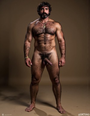 PEDRO de cuerpo entero 8K de hombre mediterráneo muy masculino y muy delgado pero con músculos marcados y definidos y está de pie, textura de piel natural híper realista, cara geométrica brutal con mandíbula cuadrada pesada, pómulos altos anchos, barbilla prominente con hoyuelo, ojos oscuros marrones profundos hundidos con cejas gruesas densas, nariz grande puente ancho recto forma griega, bigote morsa negro denso espeso cayendo en extremos cubriendo labio superior completamente, pelo negro rizado voluminoso desordenado, cuello grueso de toro con nuez prominente, pecho ancho cubierto vello negro rizado denso, pectorales voluminosos definidos con surco central profundo, cadena dorada colgando en surco pectoral, pezones oscuros marrón rojizo areolas anchas, abdominales six-pack marcados, vello corporal abundante formando trail oscuro vertical desde pecho hasta entrepierna, brazos musculosos gruesos con venas marcadas deltoides prominentes bíceps grandes tríceps herradura cubiertos vello negro, manos grandes dedos gruesos nudillos prominentes pelo dorso manos, piernas musculosas cuádriceps voluminosos muslos gruesos cubiertos vello negro denso rodillas huesudas pantorrillas gemelos forma diamante, pies grandes anchos pelo empeine, polla erecta treinta centímetros gruesa ocho centímetros diámetro color marrón oscuro curvada arriba venas dorsales marcadas prepucio largo glande ancho rojizo apuntando hacia arriba, huevos grandes colgando bajos escroto oscuro arrugado tamaño huevos gallina XL, piel aceitunada bronceada mediterránea, iluminación natural realista, fotorrealista, híper detallado, desnudo completo. Los pies están desnudos. Polla erecta dura hacia arriba. Las pantorrillas están a la vista y son muy peludas.