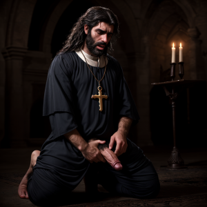 Hombre gitano muy peludo, verga grande, con un joven sacerdote arrodillado chupándosela, ambiente oscuro y sensual, ropa clerical desordenada, mirada intensa y pasional, pelos erizados, labios húmedos, jadeos apasionados.