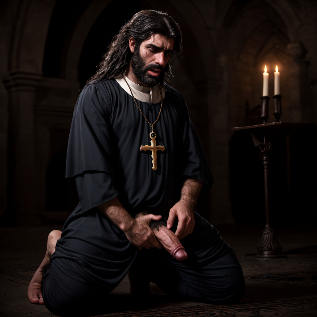 Hombre gitano muy peludo, verga grande, con un joven sacerdote arrodillado chupándosela, ambiente oscuro y sensual, ropa clerical desordenada, mirada intensa y pasional, pelos erizados, labios húmedos, jadeos apasionados.