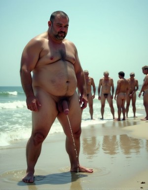 A naked, stocky man is standing on the shore of a beach, with the sea and waves breaking beside him, while he urinates directly onto the wet sand; the stream falls from his penis and forms a small trickle of water that mixes with the foam and the reflection of the sun on the damp surface. He has a short beard, a serious expression, and a lowered gaze, with his body illuminated by intense daylight from a clear day. In the background, several naked people are walking along the beach, some from behind and others in profile, in a naturist coastal setting with water, sand, reflections, and a marine horizon.