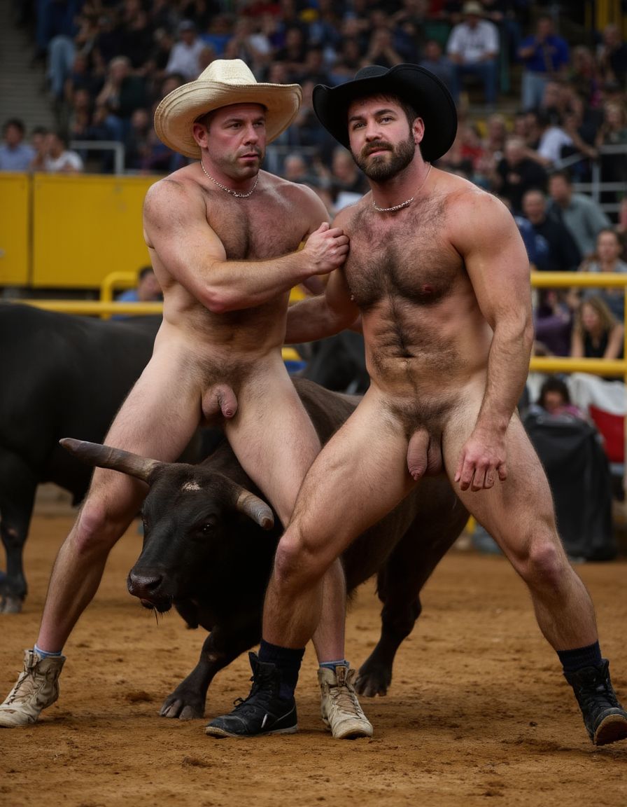 Un torero español musculoso y velludo de 50 años, con torso atlético y marcado, se muestra completamente desnudo, destacando su pene de 30 cm de longitud y 5 cm de grosor, perfectamente formado y rodeado de un denso vello púbico castaño oscuro. Sus testículos, perfectamente formados, cuelgan de forma prominente. La piel bronceada y sudorosa resalta su musculatura definida, con pectorales y abdominales bien marcados y sin grasa. El cabello largo y castaño oscuro está despeinado y sudoroso, con gotas de sudor resbalando por su frente y mejillas. Una barba incipiente y un vello corporal denso que se extiende por su pecho, piernas y brazos completan su apariencia viril. Lleva sandalias marrones en sus pies.

A su lado, un hombre musculoso y velludo de 30 años, completamente desnudo, muestra un pene erecto de 30 cm de longitud y 4 cm de grosor, hermoso y perfecto, rodeado de un denso vello púbico pelirrojo. Su piel bronceada y sudorosa muestra una musculatura definida, con pectorales y abdominales muy marcados. Tiene cabello pelirrojo despeinado y sudoroso. Tiene una barba pelirroja densa pero bien recortada. El vello corporal pelirrojo denso cubre su pecho, y tiene mucho vello pelirrojo en sus piernas y brazos, lo que realza su apariencia masculina y atlética. Están corriendo en la plaza de toros con un toro

Ambos hombres se encuentran en una plaza de toros, con sombras que resaltan su musculatura y vello corporal, creando un ambiente sensual y cargado de tensión. Están en pleno acto de pasión, con sus penes erectos y testículos prominentes ,destacando su musculatura, vello corporal y atributos viriles en una imagen impactante y llena de energía. La escena está llena de sensualidad y poder, con los dos hombres como protagonistas, en un ambiente cargado de pasión y erotismo. La imagen es híper realista, con detalles de alta calidad, y muestra la unión de los dos hombres en un acto de pasión y dominio, con sus cuerpos musculosos y velludos completamente desnudos y visibles, mostrando su excitación y pasión en cada detalle. Tienen sus penes erectos, desde la uretra del glande del pene eyaculan semen blanco lanzado en abundancia. Están totalmente desnudos. Tiene un pene de 30 cm de longitud y 5 cm de diámetro.