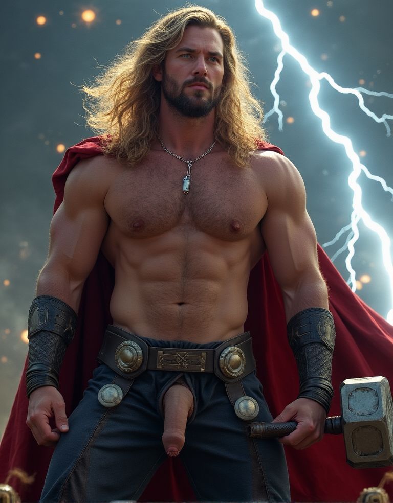 Hombre desnudo musculoso inspirado en Thor, pene erecto visible, sostiene Mjölnir con una mano, cabello rubio desaliñado, fondo épico de Asgard con cielos oscuros y relámpagos, expresión de poder y determinación.