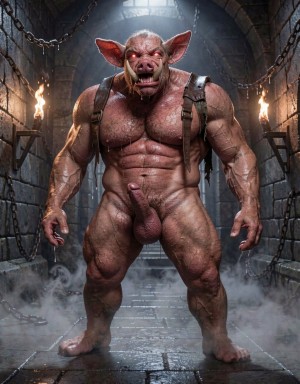 Un enorme orco o goblin musculoso aparece de pie en una mazmorra de piedra, con piel rosada y áspera, orejas puntiagudas, ojos rojos brillantes y una expresión agresiva con colmillos visibles. Su cuerpo desnudo exhibe un torso muy marcado, brazos enormes, piernas robustas y un pene colgando entre los muslos, mientras unas correas de cuero negras cruzan sus hombros como arnés. El entorno oscuro y medieval está iluminado por antorchas en las paredes, con cadenas colgantes, suelo húmedo de losas, niebla baja y una luz cenital que entra desde una abertura superior, creando una atmósfera de fantasía tenebrosa, prisión subterránea y criatura monstruosa dominante.