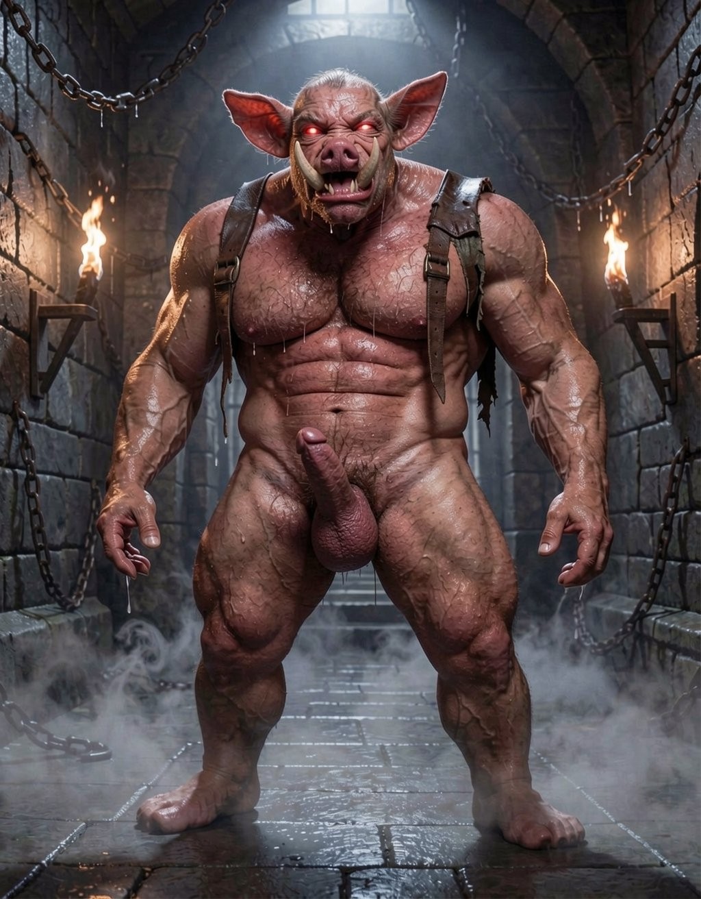 A huge orc or muscular goblin appears standing in a stone dungeon, with rough pink skin, pointed ears, glowing red eyes, and an aggressive expression with visible fangs. His naked body displays a highly defined torso, enormous arms, sturdy legs, and a penis hanging between his thighs, while black leather straps cross his shoulders like a harness. The dark medieval setting is lit by torches on the walls, with hanging chains, a wet flagstone floor, low fog, and overhead light entering through an upper opening, creating an atmosphere of dark fantasy, underground prison, and a dominant monstrous creature.