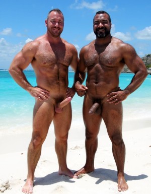 Rodrigo y Maximiliano son dos hombres culturistas de competición posando juntos en una playa de arena blanca con mar turquesa cristalino de fondo y cielo azul despejado, ambos descalzos sobre la arena, sonriendo a cámara con complicidad, postura relajada con las caderas pegadas y manos en la cintura.

Rodrigo es un hombre que está a la izquierda: caucásico de 35 años, cabeza completamente rapada y afeitada brillante por el sol, rostro cuadrado con mandíbula ancha, sonrisa amplia mostrando dientes blancos, cejas finas oscuras, ojos oscuros, piel bronceada aceitosa con brillo uniforme, cuello grueso de toro con trapecios enormes subiendo hasta las orejas, deltoides redondos y estriados como bolas de cañón con separación clara de las tres cabezas, pectorales masivos gruesos y cuadrados con estriaciones visibles en la parte inferior y surco profundo entre ambos, pezones pequeños apuntando hacia abajo por el volumen del pectoral, brazos enormes con bíceps con pico pronunciado y vena cefálica gruesa visible, tríceps con herradura marcada, antebrazos gruesos vascularizados, abdominales de seis bloques marcados con separaciones profundas, oblicuos definidos, serratos visibles, dorsales anchos que sobresalen por detrás dándole forma de V pronunciada, completamente desnudo de cintura para abajo, polla erecta de treinta y seis centímetros de longitud y ocho coma cinco centímetros de diámetro apuntando hacia arriba y ligeramente a la derecha, tronco grueso y venoso con venas retorcidas recorriéndolo desde la base hasta el glande, glande grande rosado hinchado y brillante completamente expuesto, testículos enormes gordos y pesados colgando bajos en un escroto relajado por el calor oscurecido por el bronceado, pubis recortado corto, muslos masivos con cuádriceps con forma de lágrima y separaciones marcadas, gemelos gruesos con forma de diamante, pies grandes sobre la arena.

Maximiliano es un hombre que está a la derecha: negro de piel oscura de 45 años, cabeza rapada al cero, rostro angular con pómulos altos y marcados, mandíbula cuadrada y definida, sonrisa confiada mostrando dientes blancos, ojos oscuros intensos, piel negra brillante y aceitada que resalta cada definición muscular con reflejos del sol, cuello grueso con trapecios altos, deltoides estriados enormes y redondos con venas cruzándolos, pectorales cuadrados duros y estriados con pezones oscuros pequeños, separación brutal entre ambos pectorales, brazos fibrosos masivos con bíceps vascularizados y venas gruesas serpenteando por todo el brazo, tríceps estriados con las tres cabezas visibles, antebrazos secos con cada tendón marcado, abdominales de ocho bloques profundamente tallados con piel fina pegada al músculo mostrando cada fibra, oblicuos cortados como cuchillas, serratos marcados individualmente, dorsales anchos y gruesos, completamente desnudo de cintura para abajo, polla erecta de treinta y seis centímetros de longitud y ocho coma cinco centímetros de diámetro con tronco oscuro grueso y pesado cubierto de venas hinchadas prominentes, glande enorme oscuro casi negro brillante de líquido preseminal, prepucio retraído por completo, testículos enormes gordos y llenos colgando pesados y bajos en un escroto oscuro arrugado y relajado, pubis con vello negro corto y rizado, muslos enormes fibrosos con cuádriceps estriados y femorales como cuerdas de acero, gemelos definidos y duros, pies descalzos sobre la arena blanca.

Iluminación natural directa del sol cenital con reflejos en la piel aceitada de Rodrigo y Maximiliano, sombras cortas en la arena, alta resolución fotográfica hiperrealista, textura de piel con poros visibles, gotas de sudor y aceite, calidad de fotografía profesional editorial deportiva, plano frontal de cuerpo entero.



No distorsiones y NO DEFORMACIONES.