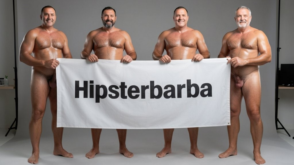 Four naked muscular men holding banner text (Hipsterbarba amor) ultra high quality 8K photorealistic: El Comandante Spanish military leader 45 years short gray hair stern commanding face muscular trained body 185cm 85kg standing far left holding left edge of banner with both hands completely naked massive erect uncircumcised penis 25cm thick veiny shaft visible below banner heavy balls alpha dominant stance, Soldado Bartolo Spanish soldier 35 years thick dark full beard short hair very hairy muscular chest arms legs groin 180cm 80kg standing center-left holding banner completely naked large erect uncircumcised penis 18cm thick visible hairy balls masculine hairy build playful smirk, Superman alien superhero 195cm 100kg perfect bronzed smooth hairless skin short black hair with characteristic curl bright blue eyes massive superhuman muscles standing center-right holding banner completely naked enormous erect penis 23cm steel hard thick shaft visible smooth heavy balls god-like physique confident smile, General Rodolfo Castaños 60 years short gray military hair thick gray mustache experienced muscular body 175cm 75kg standing far right holding right edge of banner completely naked thick erect penis 20cm visible mature heavy balls military bearing knowing expression, all four men standing in horizontal row full body visible head to feet holding between them large white fabric banner at chest level with bold black letters spelling Hipsterbarba ¿follamos? question mark clearly readable professional typography banner stretched tight all four erect penises balls completely visible below banner military office background professional studio lighting 8K photorealistic resolution masterpiece quality inviting expressions.