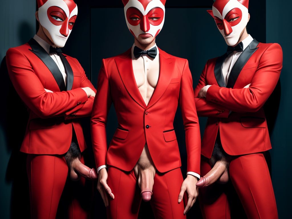 Hombres muy sexys vestidos con trajes rojos de la casa de papel, máscaras de Dalí, algunos con el pene visible, posiciones seductoras, miradas intensas, ropa ajustada, detalles eroticamente sugerentes.