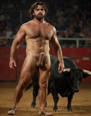 Hombre musculoso y velludo, torero español de 50 años, con un torso musculoso, tiene un pene hermoso perfecto y de tamaño XXL, tiene mucho vello púbico denso y moreno, piel bronceada y sudorosa. Tiene una barba incipiente, mientras su cabello largo castaño oscuro está despeinado y sudoroso, con gotas de sudor que resbalan por su frente y mejillas. Su torso de atleta marcado definido y sus abdominales y pectorales están muy marcados y definidos, tiene un vello corporal muy denso que se extiende desde su pecho hasta sus piernas y hasta sus brazos y espalda.
Tiene un pene muy grueso de 25 cm de longitud con forma perfecta está rodeado de un denso vello púbico castaño oscuro. Tiene dos testículos de grandes dimensiones y perfectamente formados que cuelgan por debajo. Tiene piel bronceada con brillo de sudor y sus músculos están en forma y bien definidos con aspecto delgado pero sobresalen sus pectorales muy marcados sin nada de grasa.
La escena está en una plaza de toros en un ambiente sensual con sombras que resaltan la musculatura y el vello corporal del hombre.
Tiene sandalias en sus pies. Su pene está erecto y enseña sus enormes testículos. A su lado hay un toro. Está saltando para subir sobre el lomo del toro 