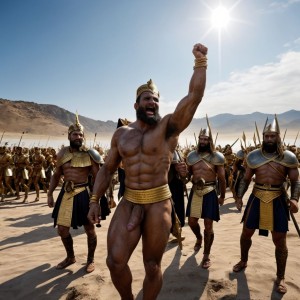 Ejército de Jerjes 1º del imperio persa en el verano del año -480 marcha a pie. Hay dos luchadores que están desnudos con penes grades y testículos grandes y con mucho vello. Están en Helesponto luchando contra el rey Darío desnudo y de gran pene tieso hacia arriba. 
