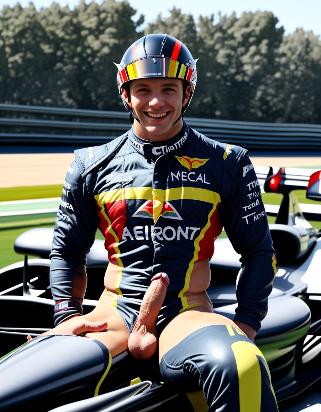 Hombre musculoso semidesnudo, pene visible, torso desnudo, con traje de Fórmula 1 parcialmente quitado, mostrando pecho y abdomen definidos, sentado en un coche de Fórmula 1, casco en mano, sonriendo confiadamente, fondo de boxes con mecánicos, iluminación vibrante, texturas hiperrealistas, foco en la figura masculina y el coche