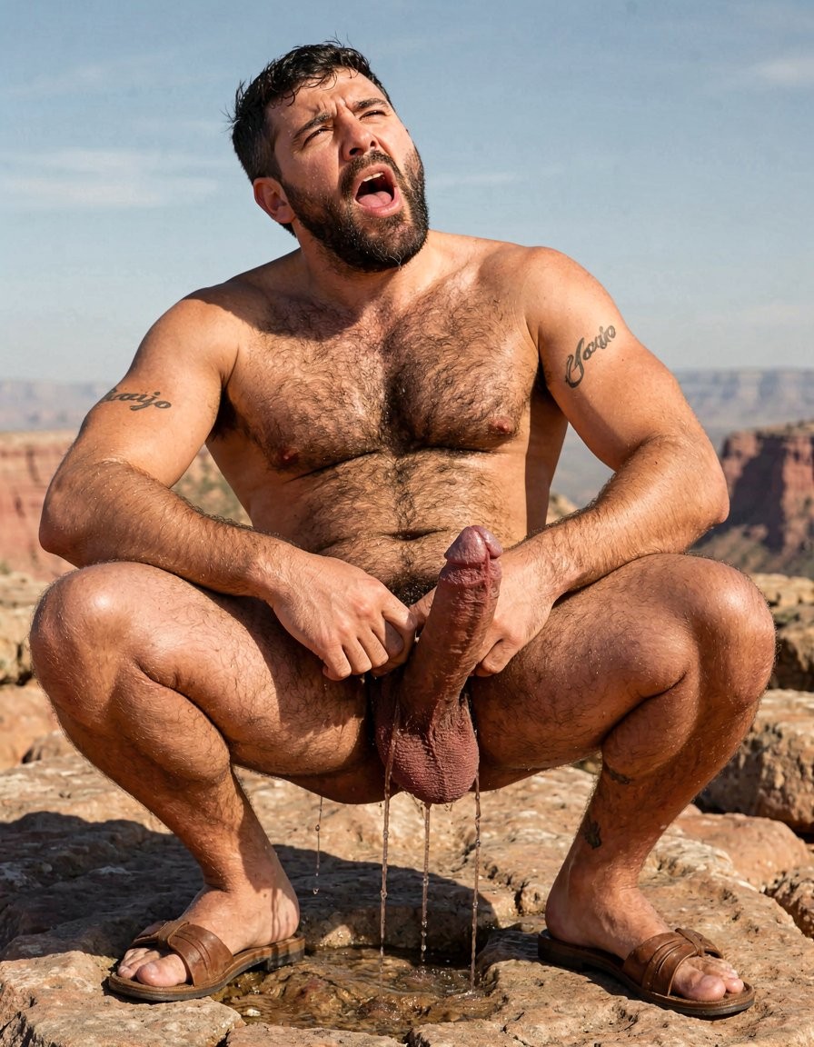 Hyper-realistic cinematic full-body photograph with perfect anatomy and zero distortion, taken under the brutal midday sun on the rocky summit of Cerro La Cantera, San Pablo Huitzo, Oaxaca, year 600 AD. The 26-year-old hyper-masculine, extremely hairy Zapotec warrior Cocijo is squatting low between the legs of Gayon Von Neumann, completely naked except for worn leather sandals. His massive sweaty body is covered in dense black hair across his chest, shoulders, arms, abs and thick thighs. Small elegant black tattoo “Cocijo” anatomically adapted to the curve of his right bicep. His own enormous 35 cm cock is brutally swollen, dark purple, heavily veined and throbbing hard, trapped at the base by a tight black leather cock and ball ring that forces his heavy balls upward; thick ropes of precum drip continuously from the swollen tip onto the hot rock. Cocijo has his mouth stretched wide, lips tight around Gayon’s thick cock, sucking it deeply and hungrily with powerful, wet strokes. His cheeks are hollowed from the strong suction, eyes looking up submissively at Gayon’s face of pure pleasure while he keeps bobbing his head, taking more of the shaft with each movement. Harsh golden sunlight creates dramatic highlights on sweat, dense body hair, saliva dripping down the shaft and thick precum. Raw, dominant male energy and total sexual submission, photorealistic detail, perfect proportions, no deformation.