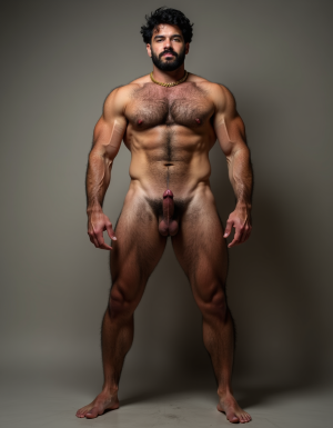 PEDRO de cuerpo entero 8K de hombre mediterráneo muy masculino y muy delgado pero musculoso de pie, cara geométrica brutal con mandíbula cuadrada pesada, pómulos altos anchos, barbilla prominente con hoyuelo, ojos oscuros marrones profundos hundidos con cejas gruesas densas, nariz grande puente ancho recto forma griega, bigote morsa negro denso espeso cayendo en extremos cubriendo labio superior completamente, pelo negro rizado voluminoso desordenado, cuello grueso de toro con nuez prominente, pecho ancho cubierto vello negro rizado denso, pectorales voluminosos definidos con surco central profundo, cadena dorada colgando en surco pectoral, pezones oscuros marrón rojizo areolas anchas, abdominales six-pack marcados, vello corporal abundante formando trail oscuro vertical desde pecho hasta entrepierna, brazos musculosos gruesos con venas marcadas deltoides prominentes bíceps grandes tríceps herradura cubiertos vello negro, manos grandes dedos gruesos nudillos prominentes pelo dorso manos, piernas musculosas cuádriceps voluminosos muslos gruesos cubiertos vello negro denso rodillas huesudas pantorrillas gemelos forma diamante, pies grandes anchos pelo empeine, polla erecta treinta centímetros gruesa ocho centímetros diámetro color marrón oscuro curvada arriba venas dorsales marcadas prepucio largo glande ancho rojizo apuntando hacia arriba, huevos grandes colgando bajos escroto oscuro arrugado tamaño huevos gallina XL, piel aceitunada bronceada mediterránea, iluminación natural realista, fotorrealista, hiperdetallado, desnudo completo. Pies desnudos. Polla erecta dura hacia arriba