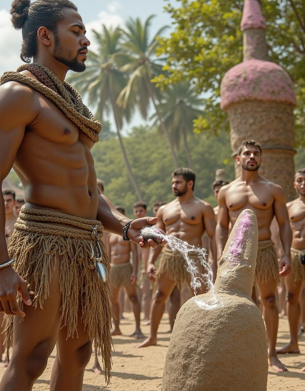 Ritual tribal, el gran jefe, con gran solemnidad, lubrica con aceite de coco el ídolo de piedra, que representa al dios de la fertilidad, los nuevos guerreros pasarán a la madurez si son capaces de introducirse el ídolo y desvirgarse, los que pasen la prueba quedarán a disposición del gran jefe, ofreciéndole sus cuerpos si son requiridos.