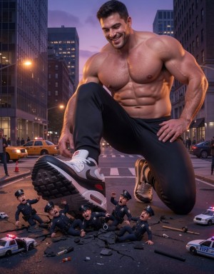 A gigantic and extremely muscular man, bare-chested, with defined abs and tight black pants, kneels in the middle of an urban avenue at sunset, surrounded by skyscrapers and city lights. His enormous athletic shoe steps on the cracked asphalt beside several tiny police officers reacting with fear and surprise, some fallen among rubble, batons, handcuffs, and scattered debris. Several patrol cars with red and blue lights surround the scene, reinforcing the contrast in scale between the smiling giant and the minuscule police figures. The atmosphere blends urban fantasy, action, and visual domination, with a dramatic perspective from street level.