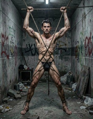 macho de 20 años muy delgado y atado en X en una sucia mazmorra de castigos completamente desnudo sin ropa, está atado con las pies separados y las manos atadas en alto separadas con marcas de azotes.