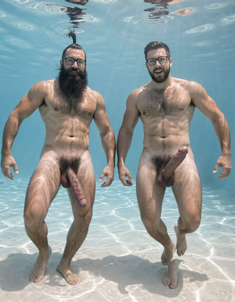 Photorealistic ultra-detailed cinematic underwater shot at El Playazo nudist beach in Vera Playa, Almería. Hipsterbarba and Ferran swimming side by side in powerful breaststroke style, fully submerged in perfectly clear turquoise Mediterranean water at midday. Hipsterbarba is exactly 40 years old, 180cm, 80kg, 8% body fat with zero belly, extremely dry and shredded six-pack deeply contracting with every stroke, dense black wet chest hair floating and swaying in the current, thick dark treasure trail from navel to heavy bush, powerful vascular shoulders and arms extended in a strong pull, muscular hairy quads and defined adductors kicking wide and powerful. His high fade undercut hair is slicked back by the water, extremely long thick well-groomed Bandholz beard floats wildly around his face, chest and almost to his navel like a heavy dark veil, big mustache with long curled spiral tips drifting in the current, black hipster glasses still on with tiny bubbles clinging to them. His massively improved thick heavy veiny cock (now even bigger, more beautiful and perfectly shaped) sways and drifts freely between his legs, fat pink glans fully visible under the pulled-back foreskin, heavy low-hanging hairy balls floating and bouncing gently with each kick.

Ferran swims right beside him, 28 years old, competition shredded at 5% body fat, massive rounded pecs and carved eight-pack flexing hard underwater, huge veiny arms pulling powerfully, short dark wet hair and stubble, long thick cock and heavy balls also drifting and swinging with every movement.

Strong Mediterranean sunlight beams piercing the surface creating dramatic god rays and caustic light patterns dancing across their naked hyper-muscular bodies, individual air bubbles rising from beards, noses and mouths, hyperrealistic water refraction, crystal clear visibility, every single strand of floating body hair, beard hair and water droplet perfectly detailed. Sandy seabed visible 3 meters below, gentle surface ripples above, raw explicit male bodies, maximum sharpness, cinematic underwater lighting with perfect color grading and hyper-detailed textures.

