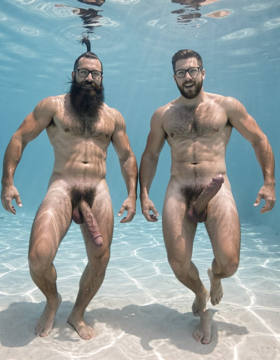 Dos hombres desnudos posan bajo el agua en una piscina de fondo claro, de pie sobre el suelo iluminado por reflejos ondulados y con la superficie visible sobre sus cabezas. Ambos llevan gafas y tienen cuerpos musculosos, con pecho velludo, abdominales marcados y brazos definidos; el hombre de la izquierda destaca por una barba larga y espesa, mientras el de la derecha tiene barba corta y sonríe ampliamente. Sus penes son visibles y flotan ligeramente por el movimiento del agua, reforzando la sensación submarina. La escena transmite un ambiente natural, luminoso y relajado, con tonos azul turquesa, burbujas sutiles y sombras suaves proyectadas sobre el fondo de la piscina.