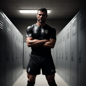 Hombre dominante de unos 40 años, futbolista profesional, de complexión atlética y musculosa, de pie con expresión seria y autoritaria en un vestuario poco iluminado. Su cuerpo está cubierto de sudor. Lleva puesta una camiseta de compresión negra ajustada, empapada, y unos pantalones cortos deportivos oscuros con marcas visibles de sudor. Calcetas altas bajadas hasta los tobillos sobre espinilleras usadas. Botas de fútbol negras gastadas y manchadas. Tiene una chaqueta de cuero negro colgando de un hombro. El rostro es atractivo, con barba incipiente, mirada intensa y cabello corto oscuro. Sus brazos están cruzados o a los lados, mostrando control absoluto. El entorno es un vestuario con paredes de hormigón, taquillas metálicas, luces tenues y sombras marcadas. Todo transmite poder, control, presencia sexual dominante y fetichismo deportivo.