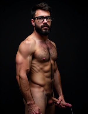 Fotografía hiperrealista de un hombre adulto musculoso a la vista desde los pies para arriba hasta la cabeza, tiene cuerpo muy delgado con músculos marcados y definidos, rostro masculino idéntico a la imagen de referencia, está totalmente desnudo con polla erecta de treinta centímetros de longitud y ocho centímetros de diámetro, tiene rasgos marcados duros expresivos, barba densa poblada tupida oscura estilo hipster cubriendo completamente mandíbula mentón mejillas con grosor uniforme textura abundante muy definida, bigote denso tupido oscuro conectado perfectamente con la barba completa cubriendo completamente el labio superior, pelo oscuro medio peinado completamente recto hacia arriba con volumen considerable estilo hipster moderno quiff puntas verticales texturizadas hacia el cielo con altura prominente, cejas gruesas oscuras pobladas muy marcadas definidas, gafas de montura completa negra cuadradas grandes estilo hipster moderno sobre el puente de la nariz enmarcando unos ojos oscuros intensos que miran directamente a cámara con expresión seria penetrante confiada, expresión facial seria masculina sin sonrisa con mirada directa desafiante, pómulos marcados definidos angulares, nariz recta proporcionada, labios medios apenas visibles completamente cubiertos por bigote denso que conecta con la barba hipster completa, torso desnudo muy musculoso con pectorales enormes desarrollados y definidos, hombros anchos musculosos deltoide prominentes, brazos musculosos gruesos con bíceps y tríceps marcados visibles a ambos lados del cuerpo, abdomen tonificado marcado visible desde la cintura, piel con textura realista detallada poros imperfecciones sutiles, vello corporal denso oscuro abundante cubriendo pectorales abdomen brazos hombros con textura natural masculina muy visible, tatuaje en tinta negra en el bíceps del brazo derecho con la palabra exacta "hipsterbarba" en tipografía negra sans-serif clara legible tatuada sobre la piel del brazo de tamaño mediano visible proporcionado, iluminación dramática lateral direccional que crea contraste alto marcado entre luces brillantes y sombras profundas resaltando la estructura facial angular la barba hipster densa las gafas cuadradas grandes el vello corporal abundante la musculatura del torso los brazos y el tatuaje con la palabra "hipsterbarba" en el bíceps derecho, fondo completamente oscuro negro liso uniforme desenfocado sin distracciones, fotografía analógica en color de alto contraste con grano fotográfico sutil visible estilo retrato hipster masculino fitness, enfoque nítido absoluto perfecto en el rostro especialmente en los ojos detrás de las gafas la barba hipster densa el bigote tupido el pelo vertical el vello corporal el torso musculoso y el tatuaje con la palabra "hipsterbarba" en el brazo derecho, encuadre vertical desde la cintura hacia arriba mostrando completamente todo el torso superior los brazos musculosos y la cabeza, calidad fotográfica hiperrealista 8K máxima definición detalle extremo, renderizado cinematográfico fotorrealista profesional.