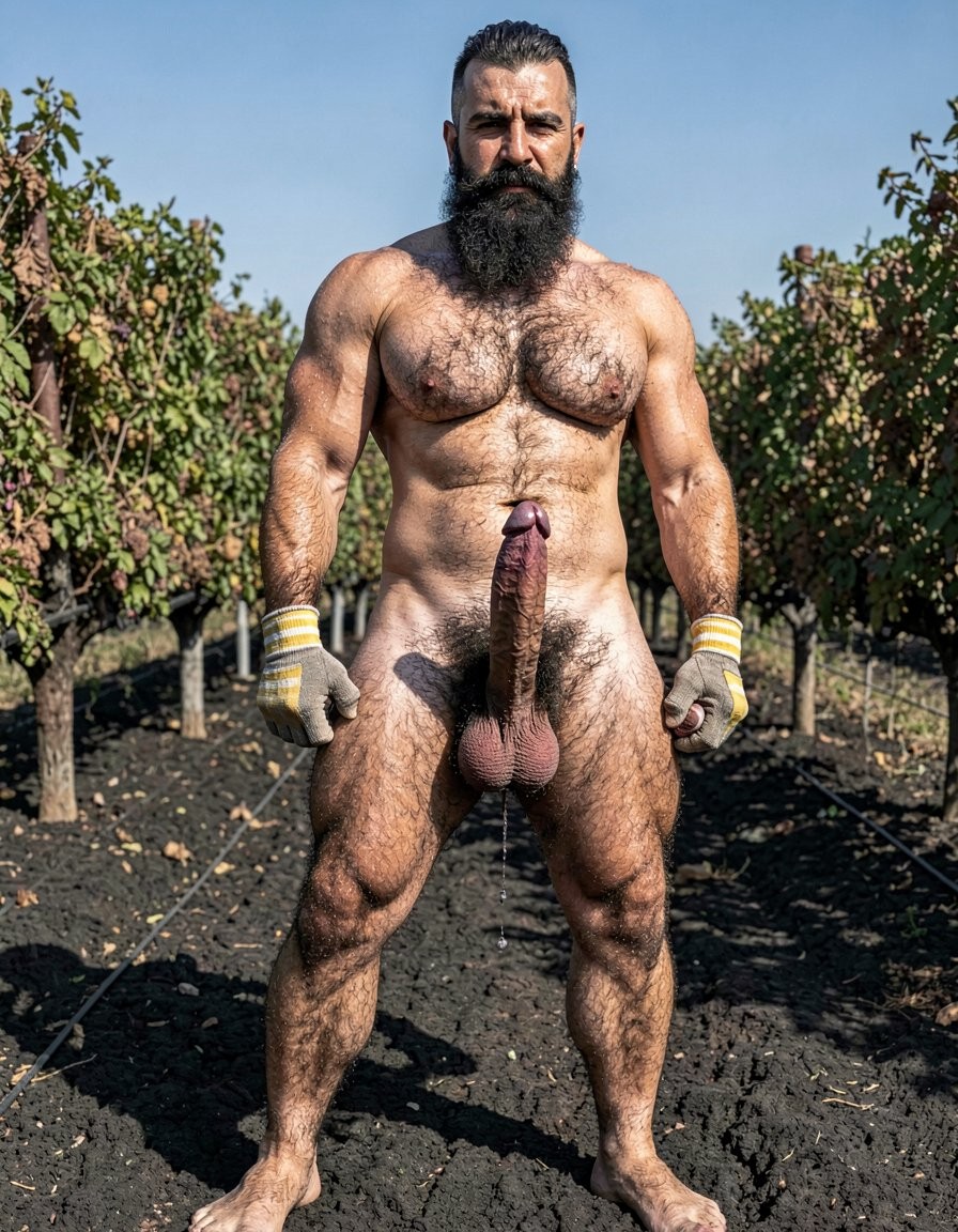 A hyper-realistic full-body vertical photograph taken in harsh midday Santorini sunlight over black volcanic soil between rows of Assyrtiko vines. Dimitris, 32, stands completely naked except for grey work gloves with yellow and white stripes, feet planted wide apart on the dark earth, toes gripping the soil. Shot from a low frontal angle so every inch from his big dirty feet to the top of his head is visible without cropping. His body is at 5% body fat, extremely muscular competition physique: huge veiny traps and shoulders, massive hairy pecs, eight-pack abs partially covered by dense black curly body hair that runs from his neck all the way down to his toes. Extremely thick black pubic bush, massive thick veiny Greek cock rock-hard and pointing upward almost touching his abs, swollen purple glans shiny with precum, a long clear drop hanging from the slit. Heavy low-hanging hairy balls. Thick black hair covers his powerful thighs, calves and feet. His face is pure predator: long thick connected black beard and mustache, short jet-black hair with shaved sides, dark intense eyes looking straight at the viewer, small silver earring in left ear. Skin deeply tanned and covered in sweat that makes the dense body hair glisten. Every muscle, every strand of wet black hair, every vein is razor sharp under the direct Mediterranean sun. Maximum photorealistic detail, vertical composition showing the entire body head to toe with no cropping.