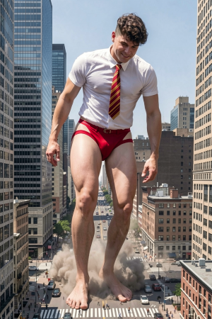 A gigantic man walks barefoot among skyscrapers in a surreal urban scene, occupying almost the entire avenue as if he were a miniature titan over the city. He wears a somewhat tight short-sleeved white shirt, a red and yellow tie in a school or corporate style, a dark belt, and red brief-style underwear that leaves his muscular legs exposed. His forward-leaning posture and smiling expression convey a playful and dominant attitude as his enormous feet kick up dust and debris over the street intersection, with tiny cars, crosswalks, and tall buildings around under a clear sky.