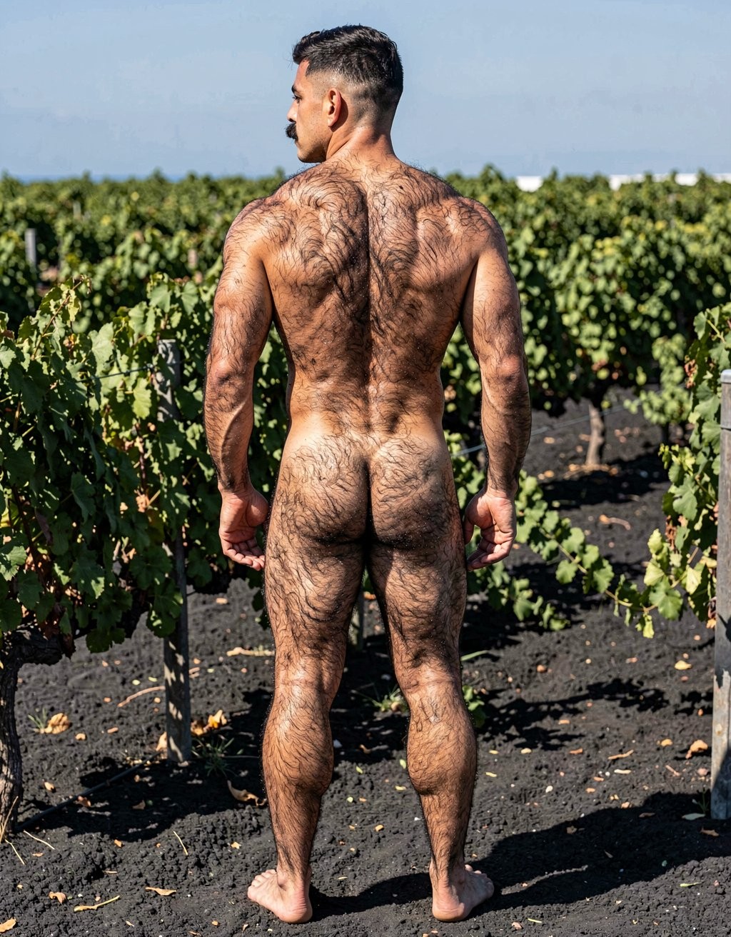 Un hombre desnudo aparece de espaldas en medio de un viñedo, de pie sobre tierra oscura entre hileras de vides verdes bajo un cielo despejado. Su cuerpo musculado y atlético está cubierto por abundante vello corporal en la espalda, brazos, nalgas y piernas, creando un contraste marcado con la luz solar directa. Lleva el pelo corto con degradado y barba perfilada, y mira hacia un lado con postura firme y relajada, los brazos caídos junto al torso y los pies descalzos sobre el suelo. La escena transmite un ambiente natural, rural y luminoso, con estética de desnudo masculino al aire libre entre cultivos de uva.