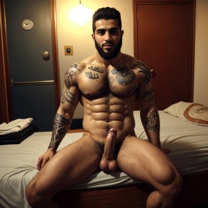 Árabe de  30 años, tipo scally, pene visible, vistiendo zapatillas Nike, cuerpo desnudo,  muchos tatuajes visibles, cabello despeinado,  barba espesa,mirada descarada, fondo de una habitación árabe,  luz tenue, ambiente relajado, piel bronceada, musculatura definida.
