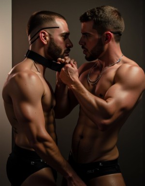 Una escena de dominación, un hombre fuerte y dominante con una presencia imponente, agarra con firmeza el collar que rodea el cuello de su sumiso, un hombre más delgado y sumiso con ojos suplicantes. El sumiso tiene una mirada de deseo y sumisión, con los ojos fijos en su dominante, mientras que el dominante lo mira con una mezcla de control y deseo. El dominante viste un traje de cuero negro, con un cinturón ancho que resalta su cintura, y botas de cuero que llegan hasta la rodilla. El sumiso, por otro lado, viste solo un par de shorts de cuero, que dejan expuesta su piel suave y pálida. La escena está iluminada con una luz tenue y cálida, que resalta los contornos de los cuerpos y la tensión sexual en el aire. El dominante tira suavemente del collar, obligando al sumiso a acercarse, mientras que el sumiso se inclina hacia adelante, con la boca abierta y lista para recibir órdenes.
