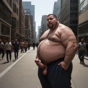 Photorealistic. An overweight man, visibly unclothed, standing on a busy street, penis exposed. The scene captures the bustling city life around him, with pedestrians passing by, indifferent to his presence. The man's expression is one of defiance, challenging societal norms. The lighting is natural, capturing the textures of his skin and the urban environment.