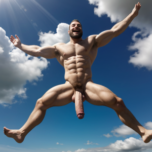 Dos hombres machos musculosos desnudos delgados muy viriles con pene grande y testículos grandes y peludos. Tienen pene erecto y grande, tienen testículos grandes y peludos. Tienen aro luminoso blanco y azulado en su cabeza. Están volando por las nubes del cielo. Están con los brazos abiertos, flotando y rodeados de nubes. Tienen las piernas abiertas y estiradas, volando 
