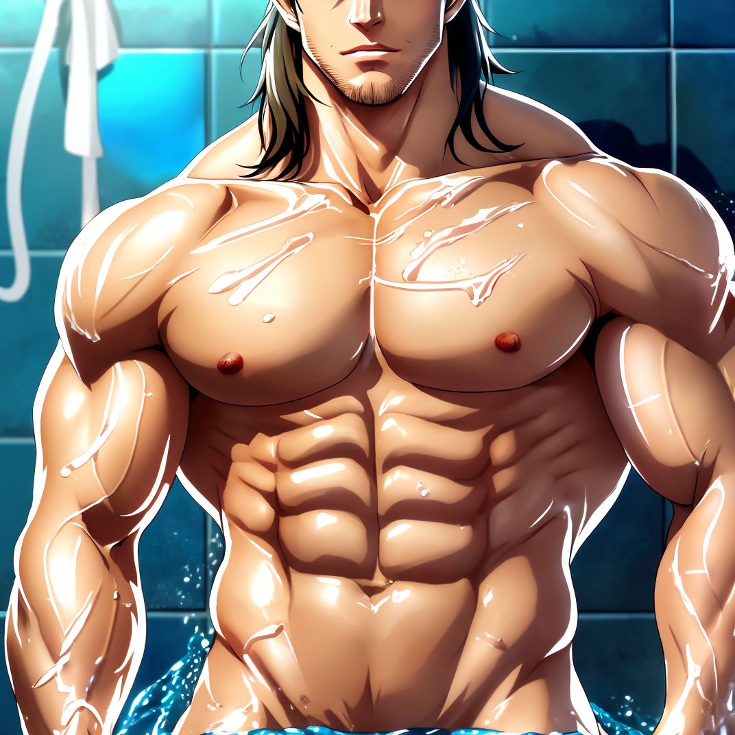 Hombre musculoso de 28 años, jugador de fútbol, cubierto de gotas de agua, parado en una ducha oscura, físico atlético, torso desnudo, toalla húmeda en la cintura, piel brillante, sombras dramáticas, expresión serena y cansada, estilo fotorealista, texturas húmedas, fondo desenfocado, enfoque en la forma poderosa del jugador.