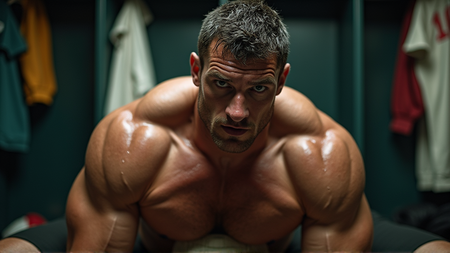 Un hombre muy musculoso aparece inclinado hacia delante en un vestuario, con el torso desnudo, la piel brillante por el sudor y una mirada intensa dirigida a cámara. Sus hombros, pectorales y brazos hipertrofiados dominan la escena, resaltados por una iluminación dramática que marca venas, volumen muscular y definición física propia de un culturista o atleta de gimnasio. Al fondo se distinguen taquillas oscuras y varias prendas colgadas, como camisetas y chaquetas, que refuerzan el ambiente deportivo y privado del vestuario. La composición cercana, con enfoque en el rostro serio y el cuerpo sudoroso, transmite esfuerzo, tensión y concentración tras un entrenamiento exigente.