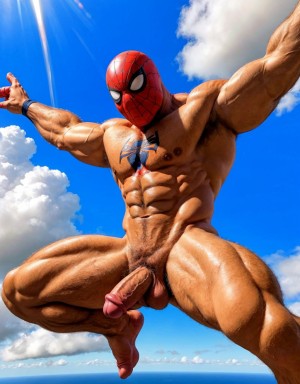 Spiderman velludo musculoso totalmente desnudo volando sobre una nube en el cielo azul. Tiene el pene grande. Tiene los testículos grandes y peludos. Volando. Está feliz. Tiene la piel limpia y húmeda. Tiene ojos verdes y dientes blancos.