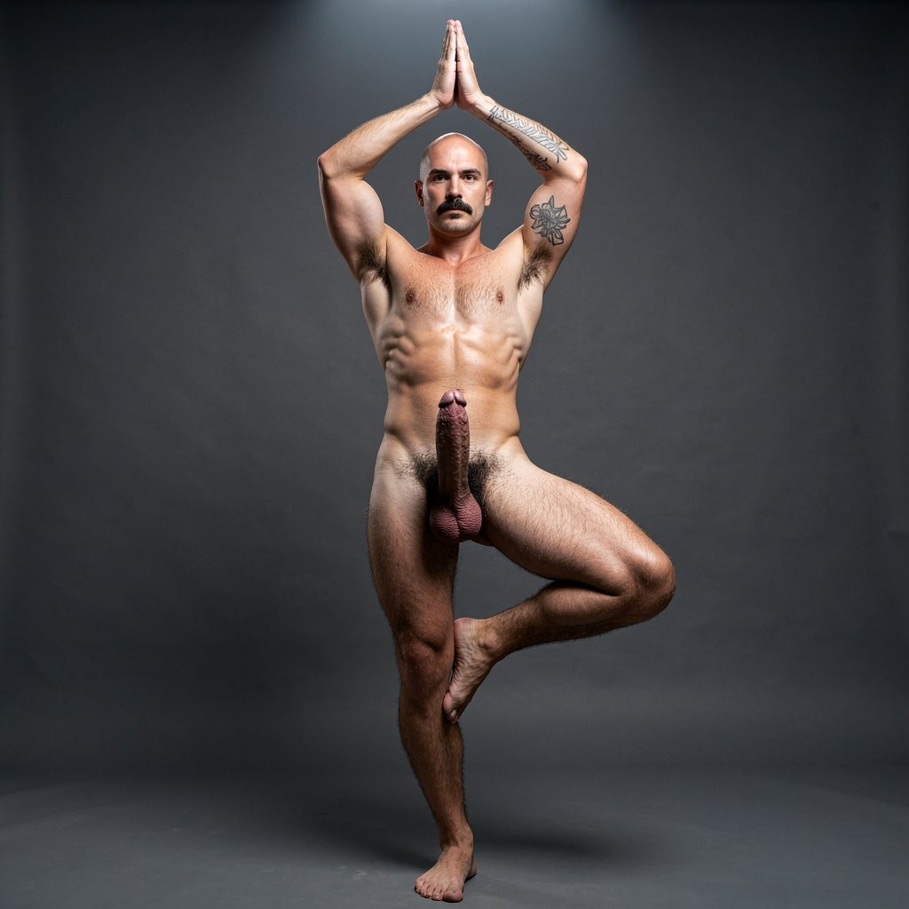 A naked, muscular man poses balancing on one leg in a tree-like yoga posture, with his hands joined above his head in a meditation gesture. He has a shaved head, a dark mustache, and a serious, focused expression, looking straight ahead. His defined torso, strong arms, and hairy legs stand out under studio lighting against a dark gray background. He has visible tattoos on his arm and shoulder, and his penis is exposed at the center of the composition. The scene conveys bodily control, strength, artistic nudity, and serenity in a minimalist setting.