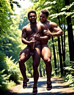 Dos hombres jóvenes musculosos y fibrosos, desnudos, con penes grandes y testículos enormes y velludos, tienen sandalias en los pies, caminan por un sendero boscoso, músculos definidos, mirada sensual, ambiente natural y libertino. Están contentos y saltan de alegría. Sus penes se balancean. Sus testículos botan entre sus piernas. Mientras corren por el camino se abrazan con pasión, amor. Se abrazan fuertemente rozando sus penes con pasión. Sus penes erectos muy grandes tiesos verticales. Penes erectos. Penes eyacula sale mucho semen mucho líquido blanco. Masturbación. Abrazo con pasión juntos fuertemente. Pene perfecto. Abraza por el culo a su amigo. Abraza por la espalda a su amigo. Escale semen líquido blanco de sus penes. Felación, pene dentro. Pene en el ano de su amigo.