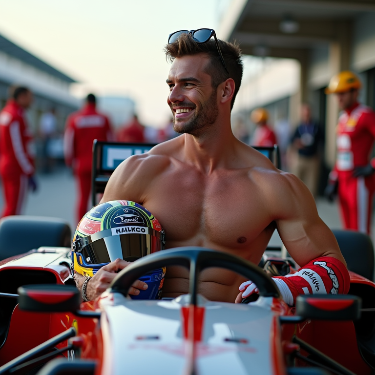 Hombre atractivo y musculoso semidesnudo, torso desnudo, con un traje de carreras de Fórmula 1 parcialmente quitado, mostrando su pecho y abdomen definidos, sentado en el asiento del conductor de un coche de Fórmula 1 de alta tecnología, con casco de carreras en la mano y gafas de sol en la frente, sonriendo confiadamente mientras se apoya en el volante, fondo de boxes de pits con mecánicos y equipo de carreras alrededor, iluminación vibrante y dinámica, texturas y detalles hiperrealistas, foco en la figura masculina y el coche de carreras.