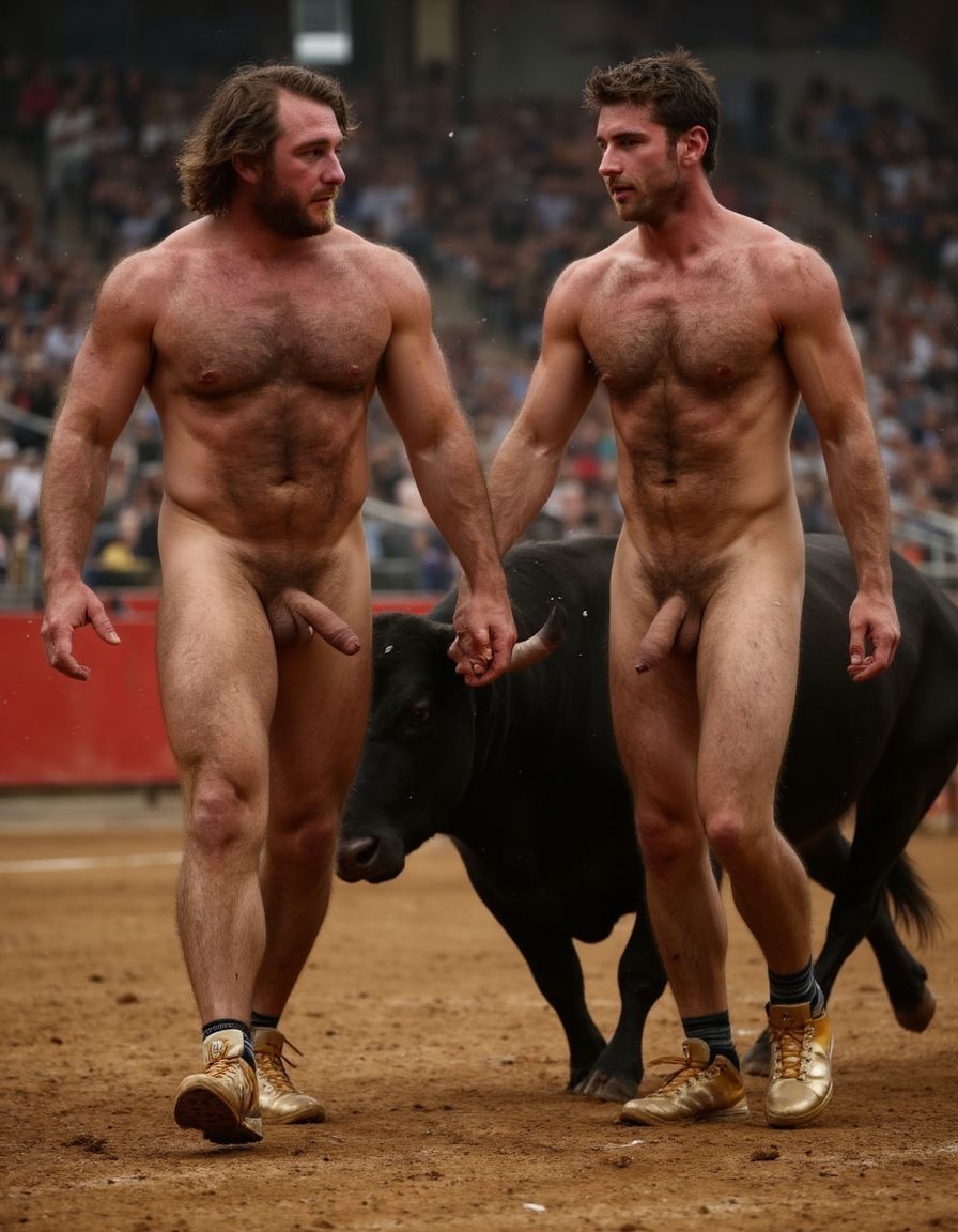 Un torero español musculoso y velludo de 50 años, con torso atlético y marcado, se muestra completamente desnudo, destacando su pene de 30 cm de longitud y 5 cm de grosor, perfectamente formado y rodeado de un denso vello púbico castaño oscuro. Sus testículos, perfectamente formados, cuelgan de forma prominente. La piel bronceada y sudorosa resalta su musculatura definida, con pectorales y abdominales bien marcados y sin grasa. El cabello largo y castaño oscuro está despeinado y sudoroso, con gotas de sudor resbalando por su frente y mejillas. Una barba incipiente y un vello corporal denso que se extiende por su pecho, piernas y brazos completan su apariencia viril. Lleva zapatillas doradas en sus pies.

A su lado, un hombre musculoso y velludo de 30 años, completamente desnudo, muestra un pene de 30 cm de longitud y 4 cm de grosor, hermoso y perfecto, rodeado de un denso vello púbico pelirrojo. Su piel bronceada y sudorosa muestra una musculatura definida, con pectorales y abdominales muy marcados. Tiene cabello pelirrojo despeinado y sudoroso. Tiene una barba pelirroja densa pero bien recortada. El vello corporal pelirrojo denso cubre su pecho, y tiene mucho vello pelirrojo en sus piernas y brazos, lo que realza su apariencia masculina y atlética. Están andando en la plaza de toros con un toro salvaje.

Ambos hombres se encuentran en una plaza de toros, con sombras que resaltan su musculatura y vello corporal, creando un ambiente sensual y cargado de tensión. Están en pleno acto de pasión, con sus penes erectos y testículos prominentes ,destacando su musculatura, vello corporal y atributos viriles en una imagen impactante y llena de energía. La escena está llena de sensualidad y poder, con los dos hombres como protagonistas, en un ambiente cargado de pasión y erotismo. La imagen es híper realista, con detalles de alta calidad, y muestra la unión de los dos hombres en un acto de pasión y dominio, con sus cuerpos musculosos y velludos completamente desnudos y visibles, mostrando su excitación y pasión en cada detalle. Tienen sus penes erectos. Están totalmente desnudos. Tiene un pene de 30 cm de longitud y 5 cm de diámetro.