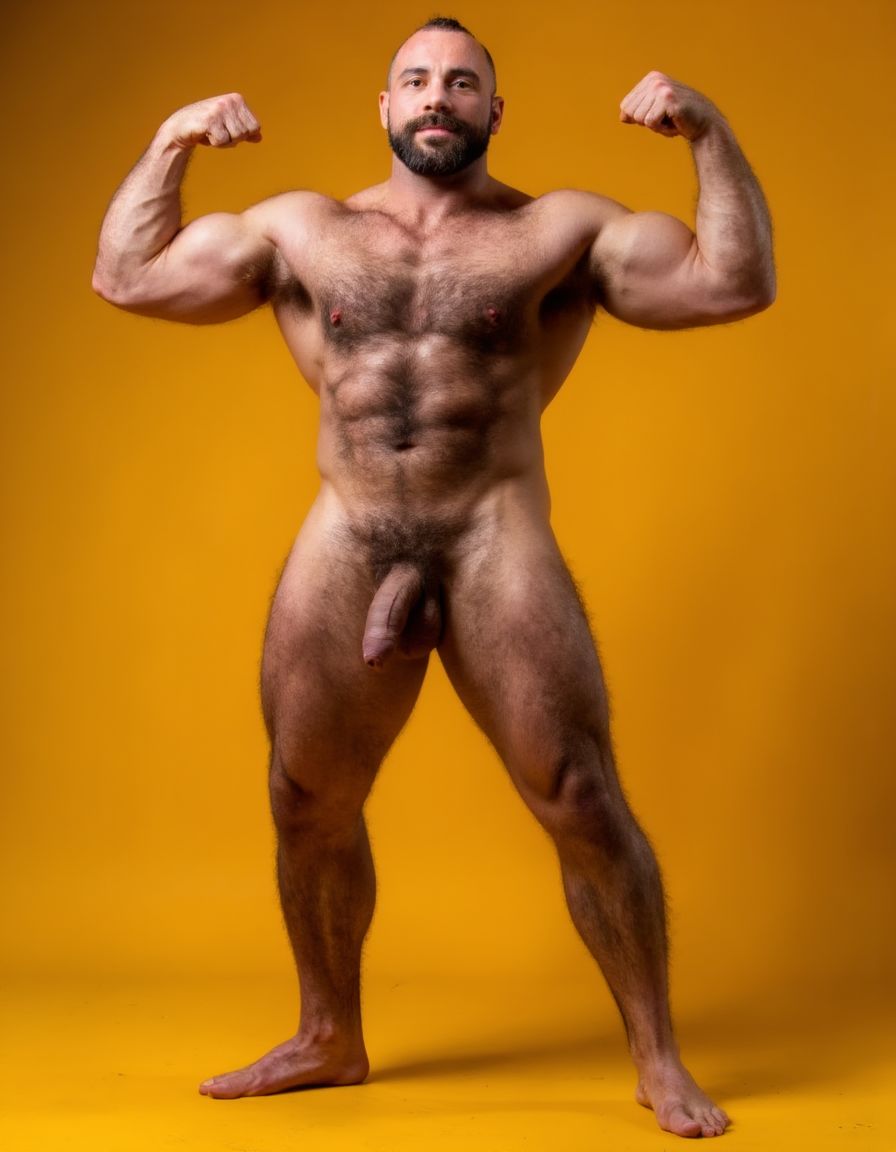 hombre culturista de 35 años posando desnudo de cuerpo completo, sonriente, tensa los bíceps, tiene un pene de 40 cm de longitud y 7 cm de diámetro, grandes dorsales, piernas, cintura estrecha, un poco calvo, grandes pezones rosas. Tiene un pene de 40 cm de longitud y 7 cm de diámetro. Tiene mucho vello en pecho y brazos y piernas. Tiene testículos de 10 kg de peso y están colgando. Tiene pies con sus uñas rojas. Fondo amarillo oscuro.