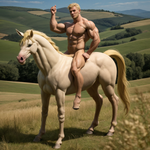 centauro rubio, empalmado. En paisaje de La Toscana. Cuerpo marcado